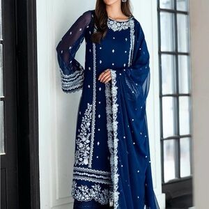 Navy Blue and White Embroidered Dress